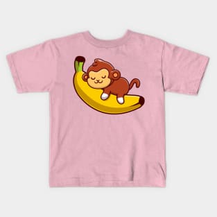 Cute Monkey Sleeping On The Banana Cartoon Kids T-Shirt